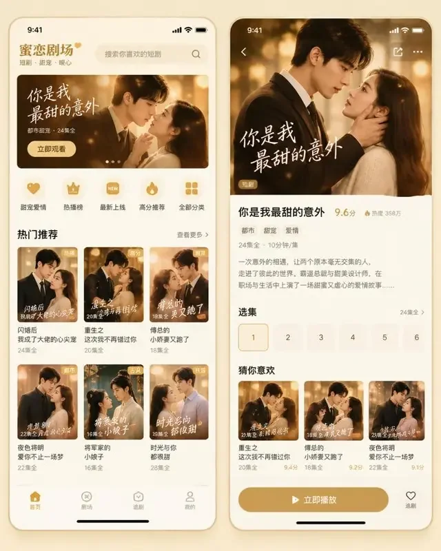 黄果短剧APPAPP界面预览：甜宠短剧卡片式首页
